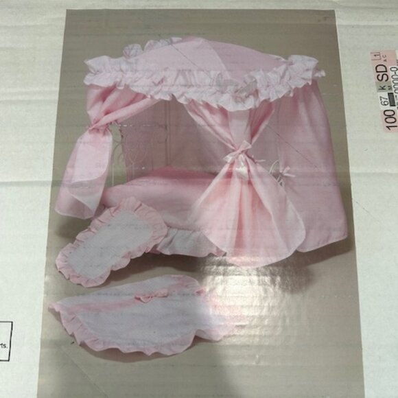 Pink Gingham Doll Bed W/ Canopy White Scroll Metal fits approx 18" NIB - Picture 1 of 5
